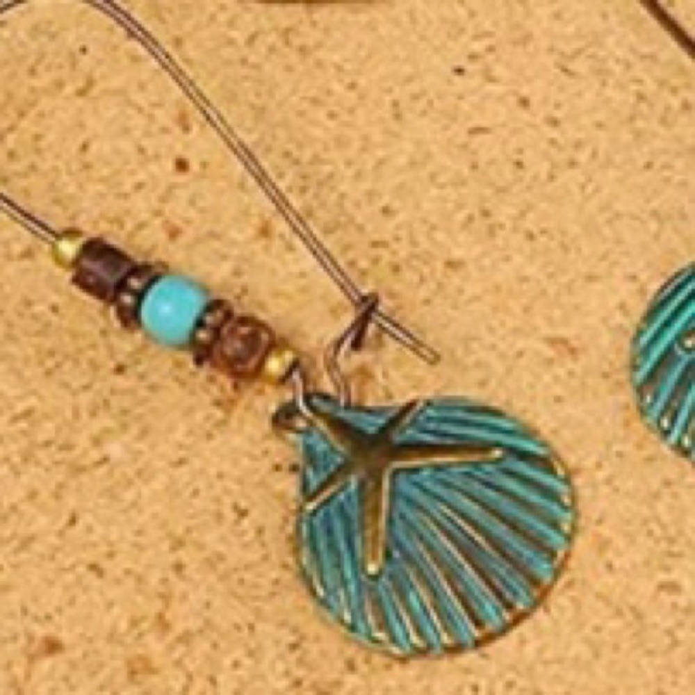 Seashell Earrings Turquoise Bronze Seashell Starfish Dangling Beaded Earrings - Picture 7 of 10